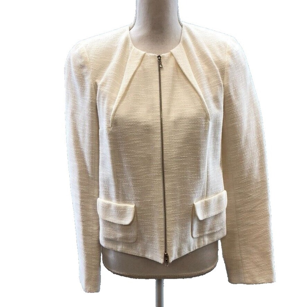 RM Blazer Jacket Womens 8 White Cotton Lined Pleated Full Zip Classic Old Money